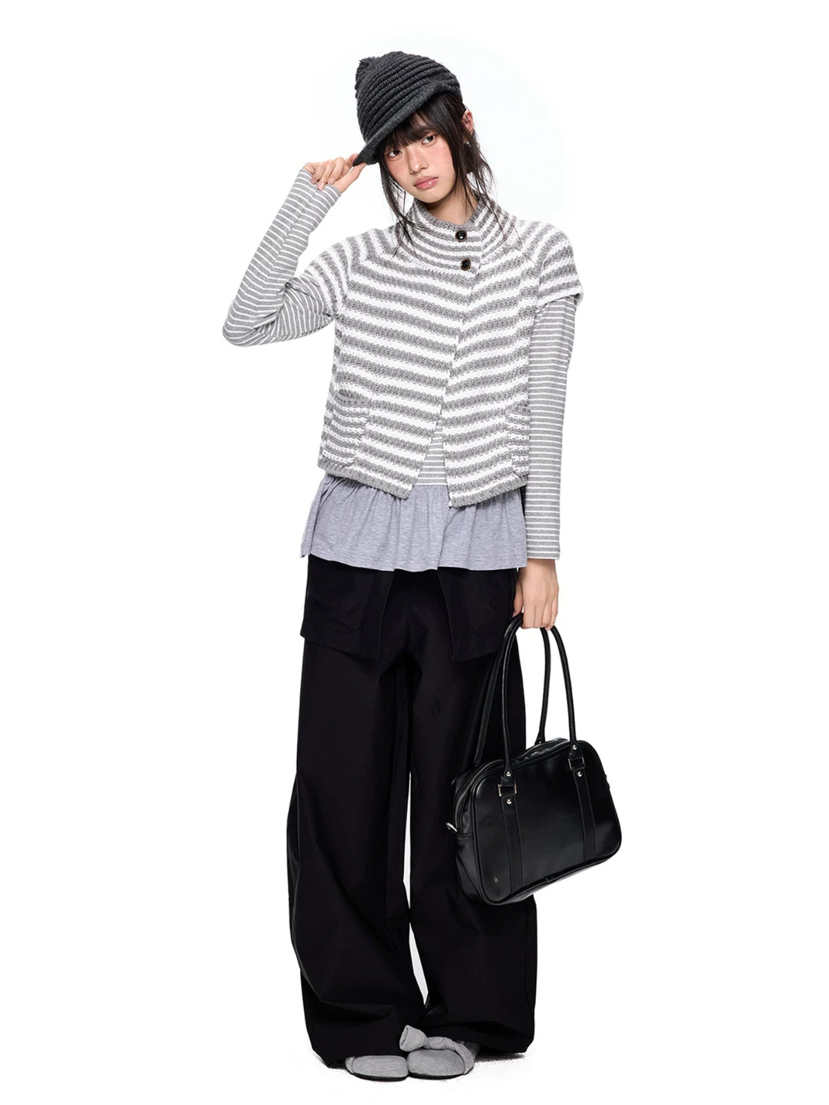 Striped Half Neck Button Knit Top