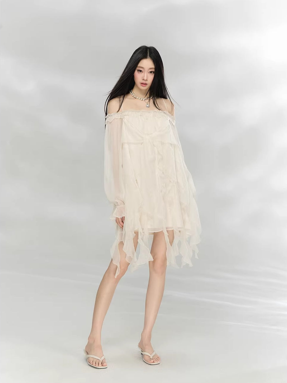 Beige Lace Off-Shoulder Dress