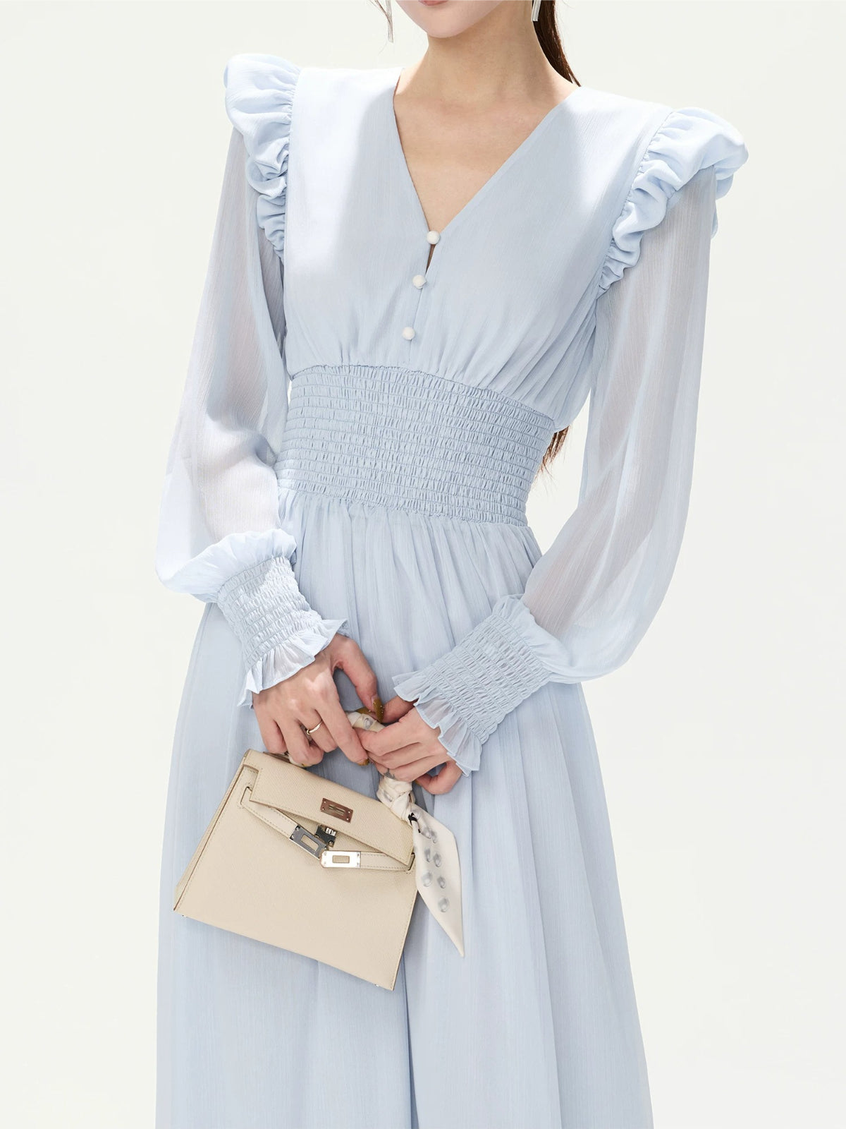French Ruffle Chiffon Lantern Sleeve Dress