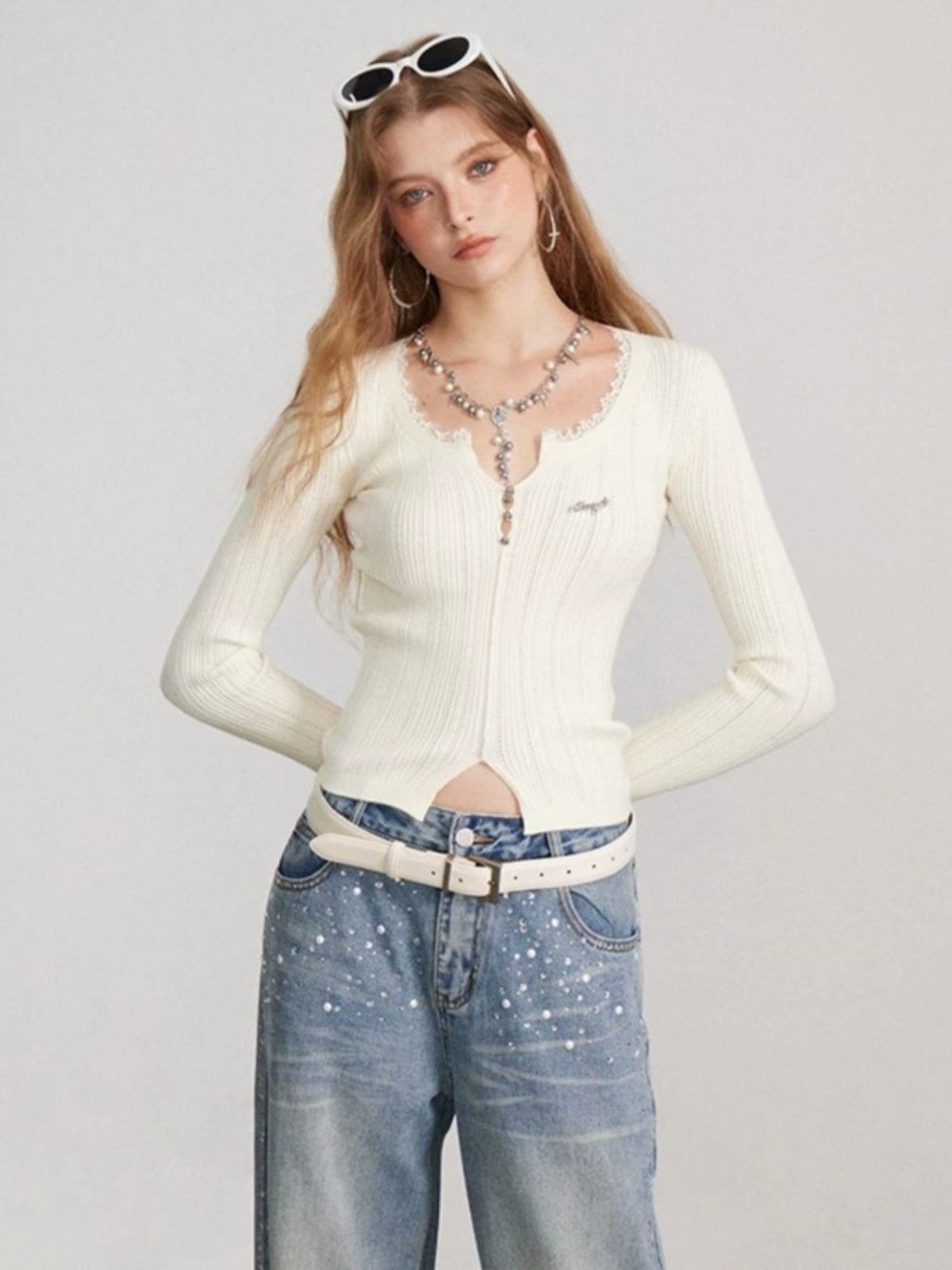 Lace Panel Ribbed Knit Sweater Top