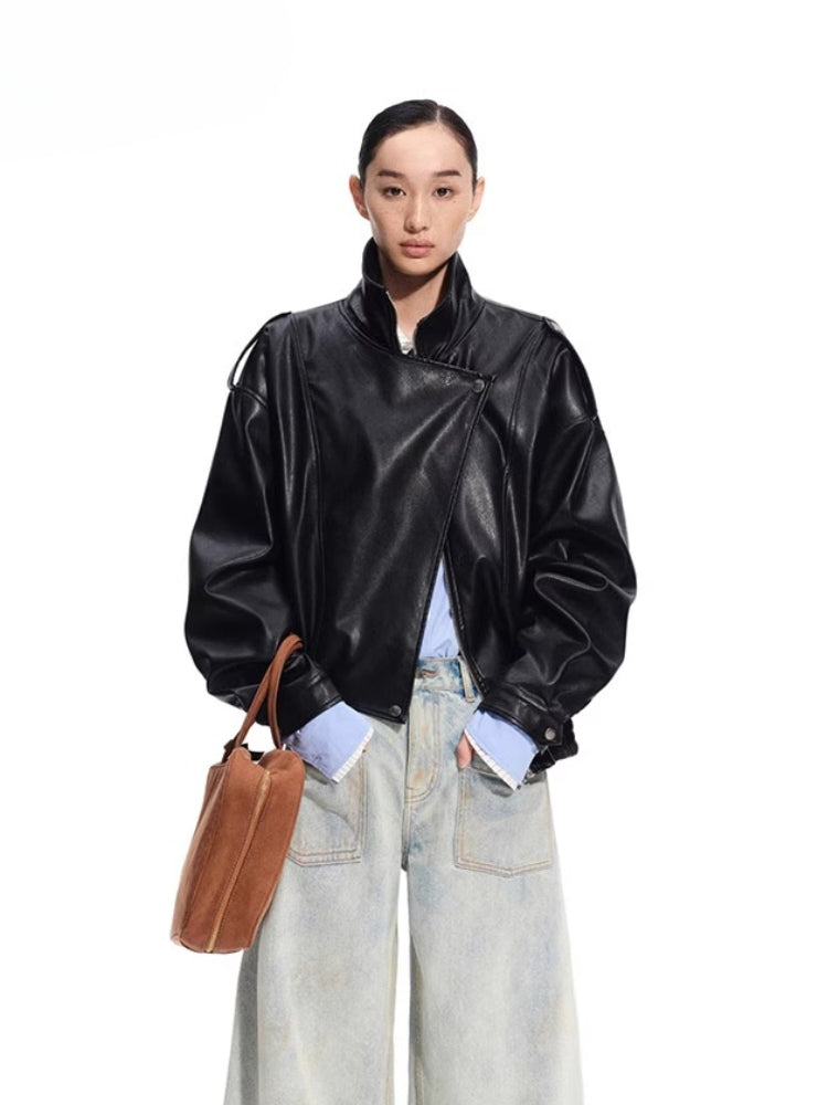 "Rose Series" Oversized Collar Faux Leather Jacket