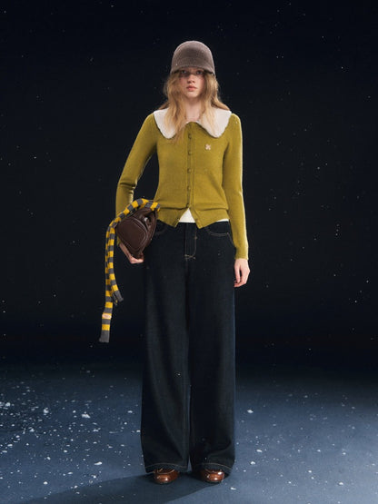 Green Detachable Fur Collar Cardigan