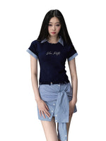 Deep Blue & Black Mock Two-piece Knit Sweater with Patchwork Short Sleeves