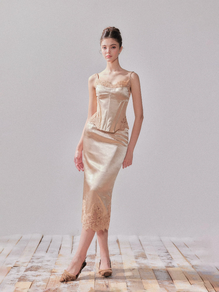 Lace Satin Boned Embroidered Cami &amp; Skirt Set