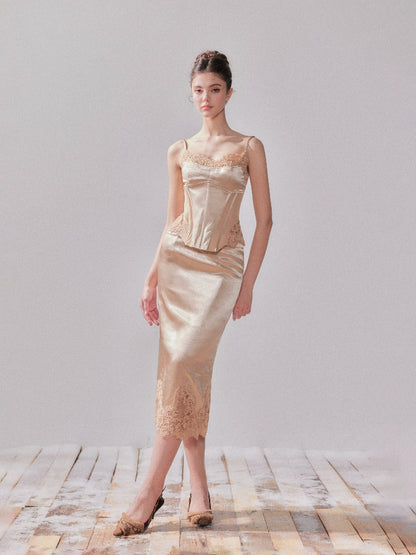 Lace Satin Boned Embroidered Cami &amp; Skirt Set