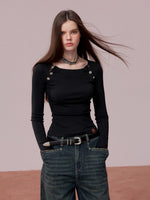 Rose Button Detail Fitted Long Sleeve Top