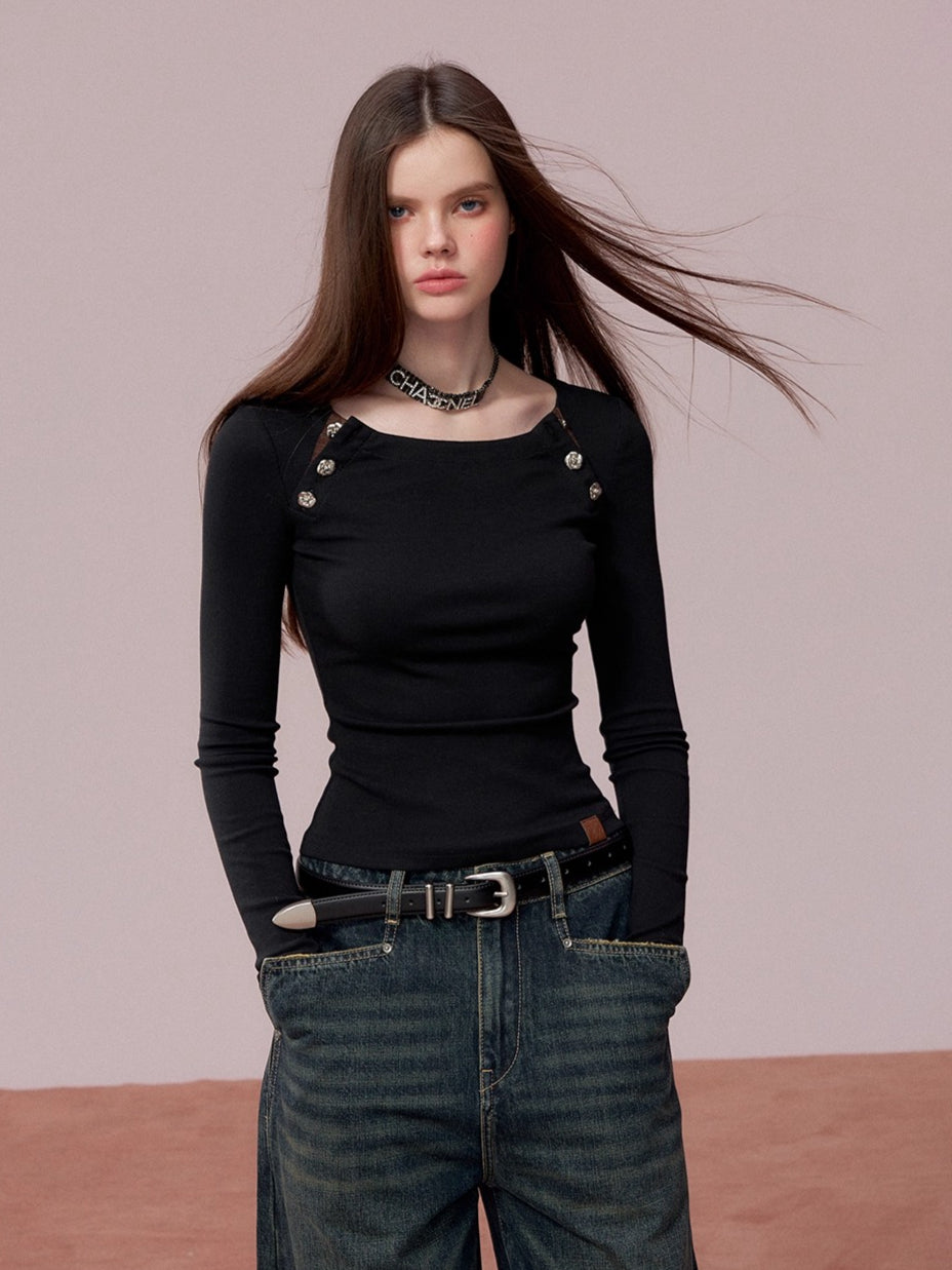 Rose Button Detail Fitted Long Sleeve Top