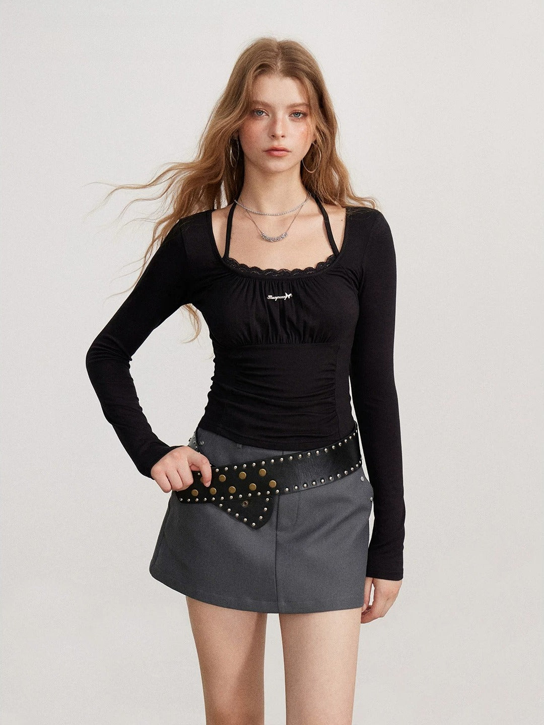 Ruched Tie Long Sleeve Top