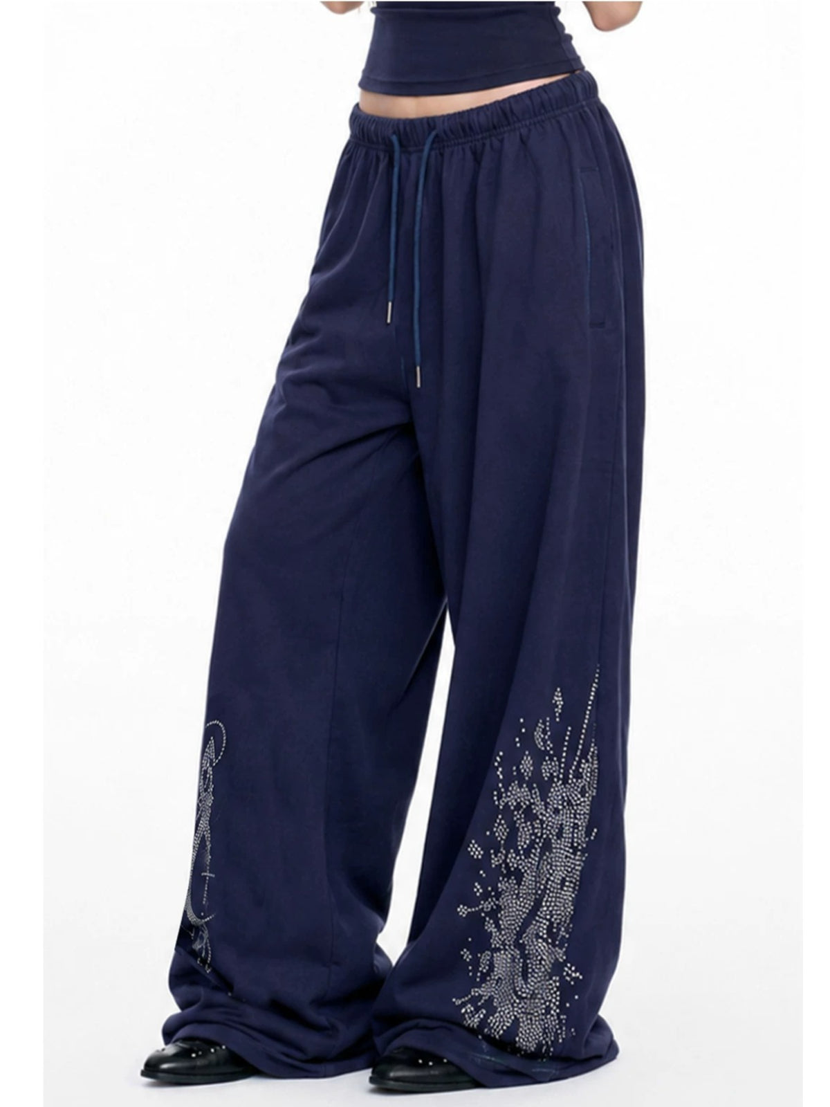 Navy Rhinestone Wide Leg Pants