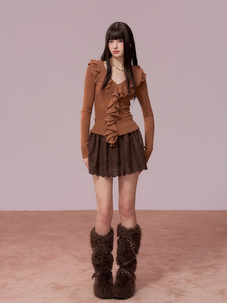 Embroidered Faux Suede A-Line Skirt