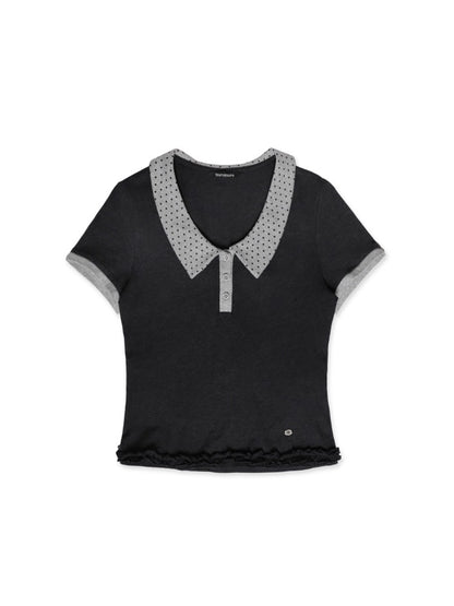 Polka Dot Crewneck Lace Bottom Shell Mark T-shirt