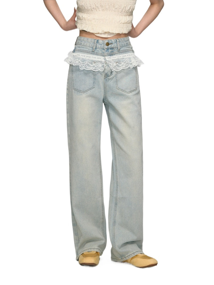 Lace-Trimmed Washed Straight-Leg Jeans Set