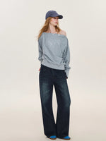 Rhinestone Button Off-Shoulder Sweatshirt