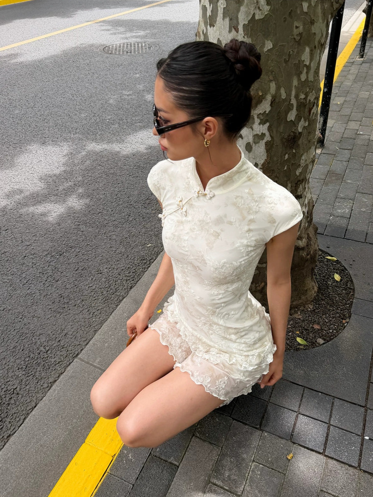 Ivory Floral Ruched Qipao Mini Dress