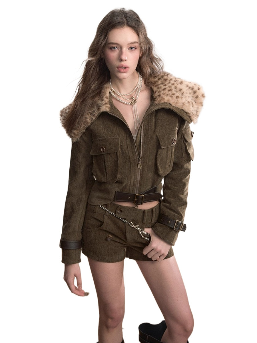 Leopard Print Oversized Fur Collar Thickened Coat