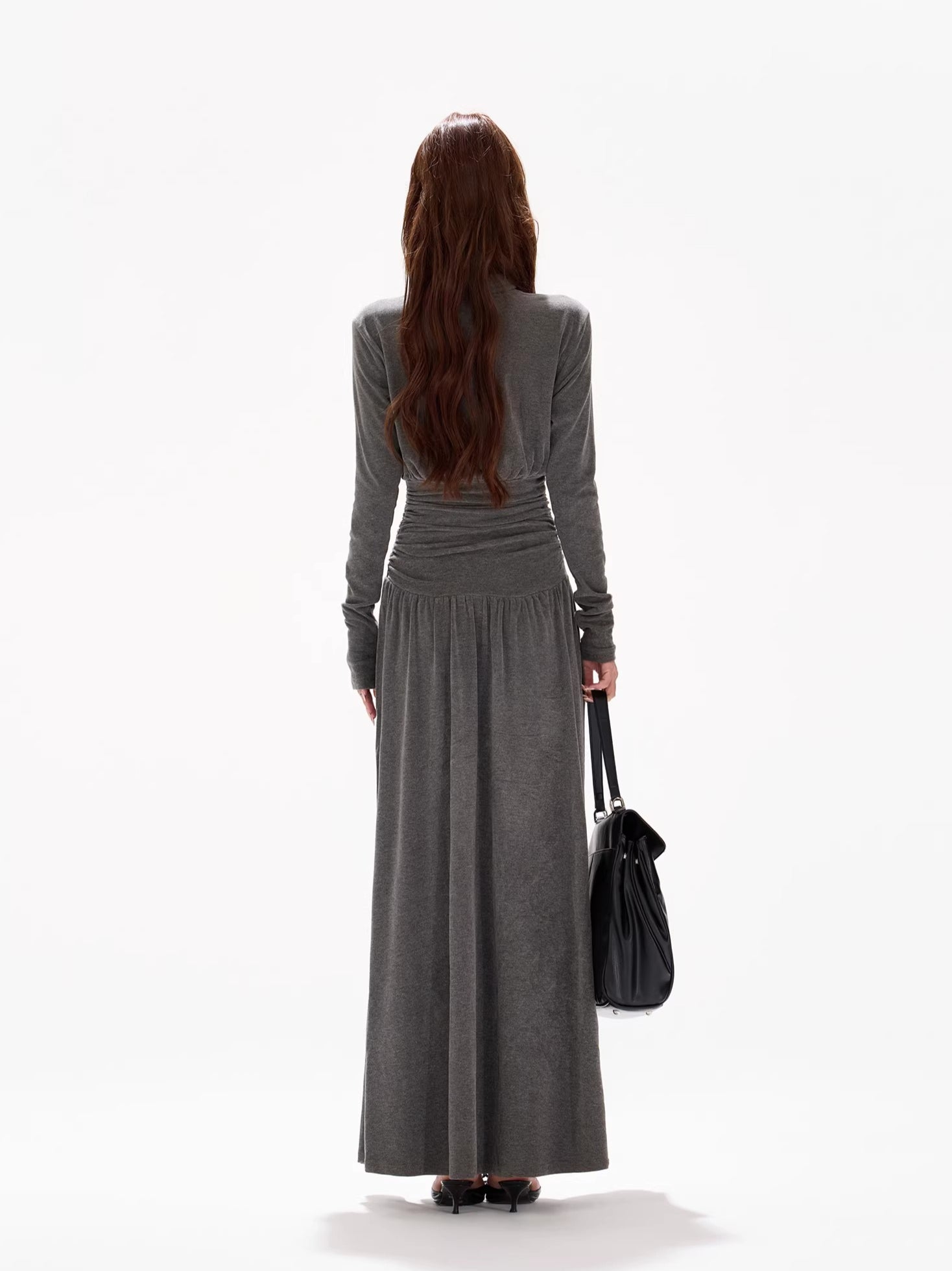 Half-High Collar Ruched A-Line Maxi Dress