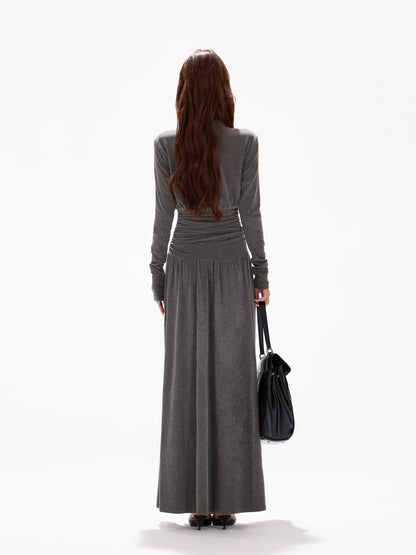 Half-High Collar Ruched A-Line Maxi Dress
