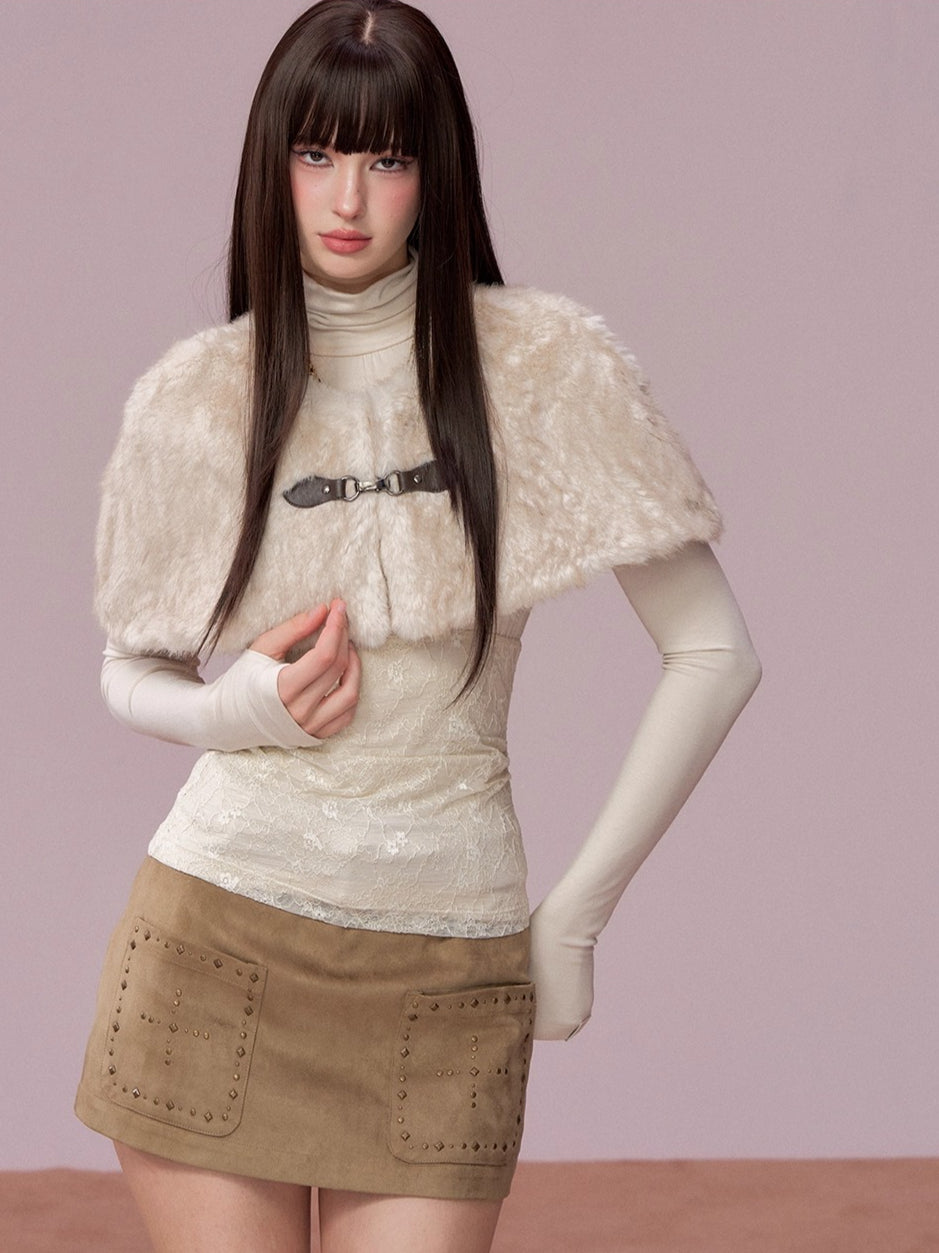 Lace Cold-Shoulder High Neck Long Sleeve Top