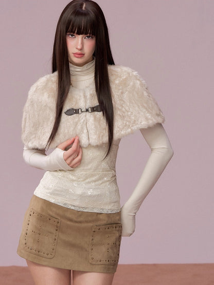 Lace Cold-Shoulder High Neck Long Sleeve Top