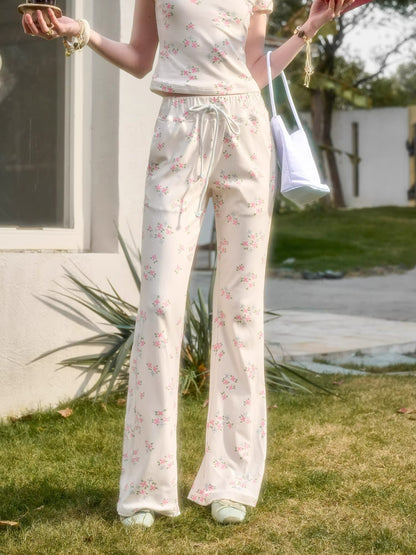 Cream Floral Lace Trim Cardigan &amp; Pants Set