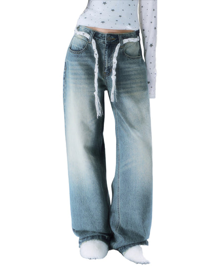 Vintage Star Tie Straight-Leg Denim Pants
