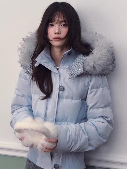 Blue Plaid Hooded Down Jacket