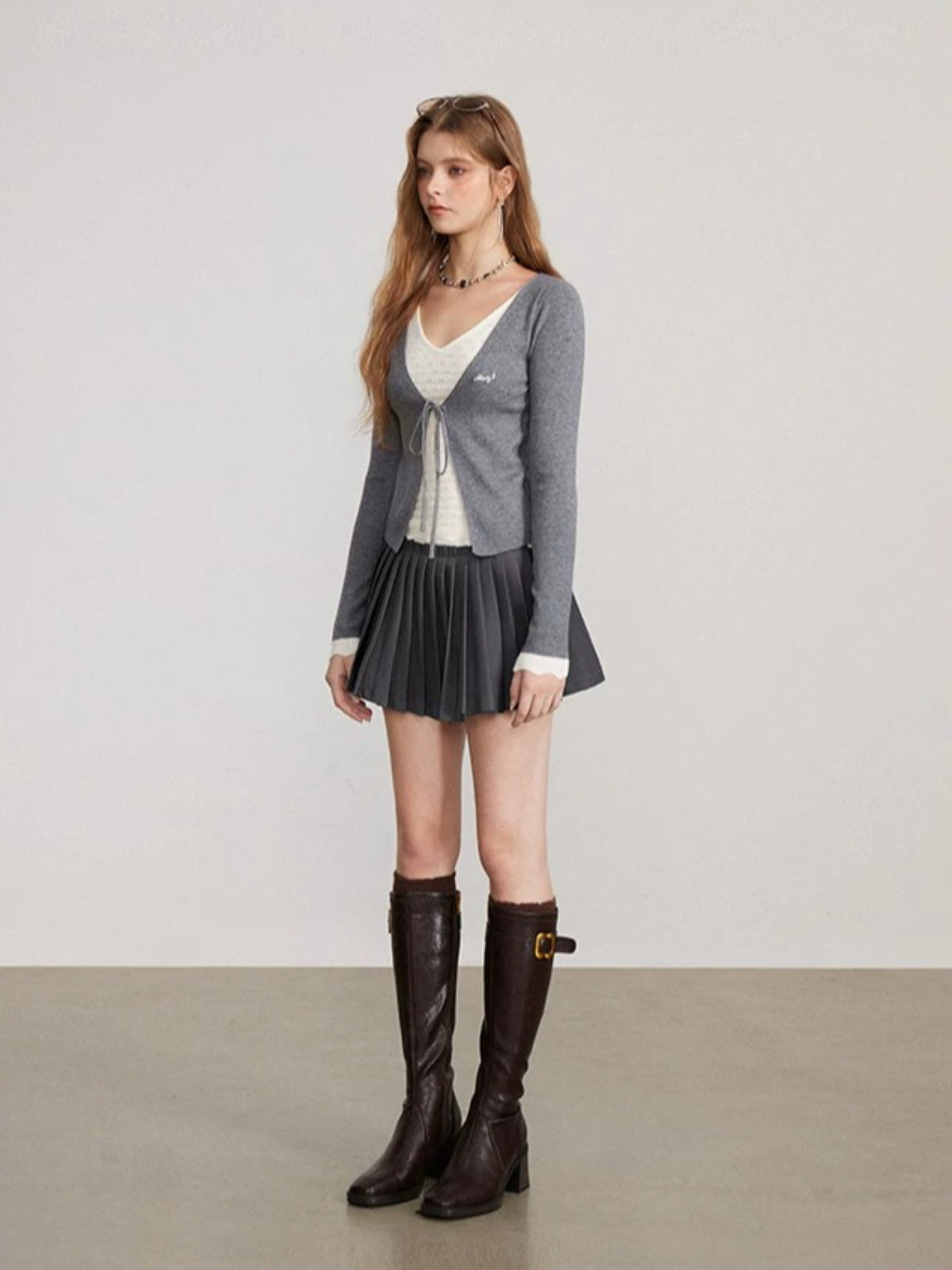 Layered V Neck Tie Knit Top