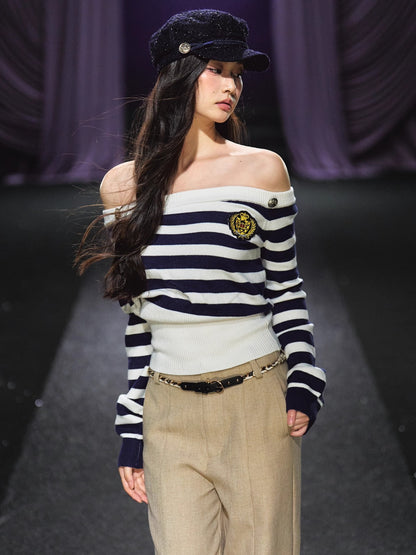 Off-Shoulder Sailor Stripe Sweater