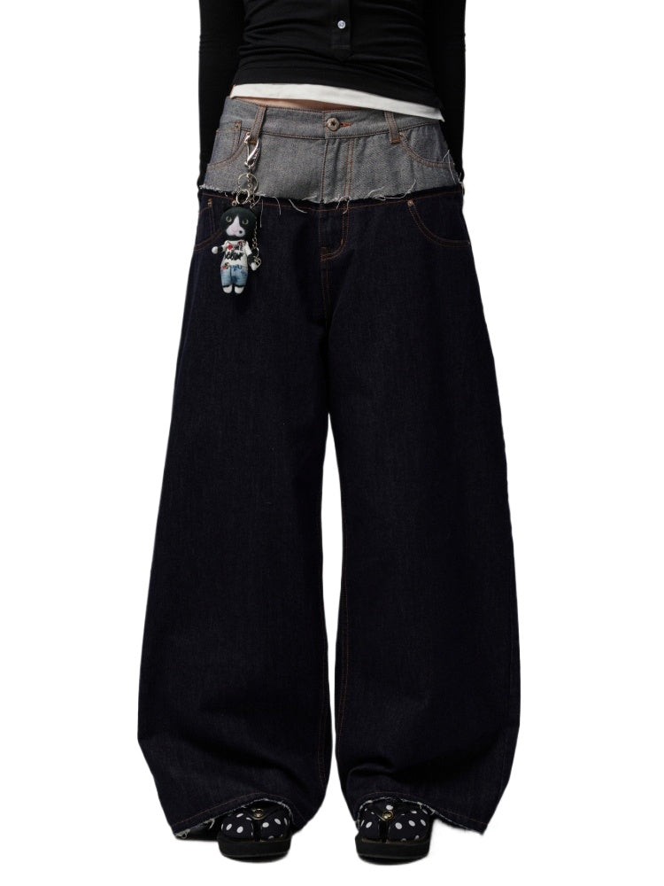 Double Waistband Raw Denim Wide-Leg Jeans