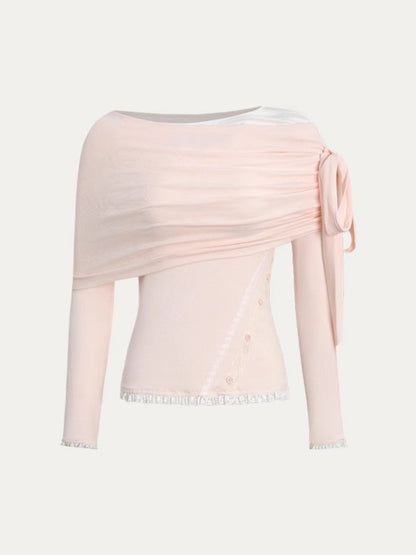 “Ribbon Shoulder” Off-Shoulder Knit Top