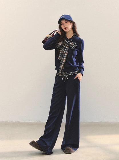 Navy Blue Plaid Bow-Tie Sweatshirt &amp; Pants Set