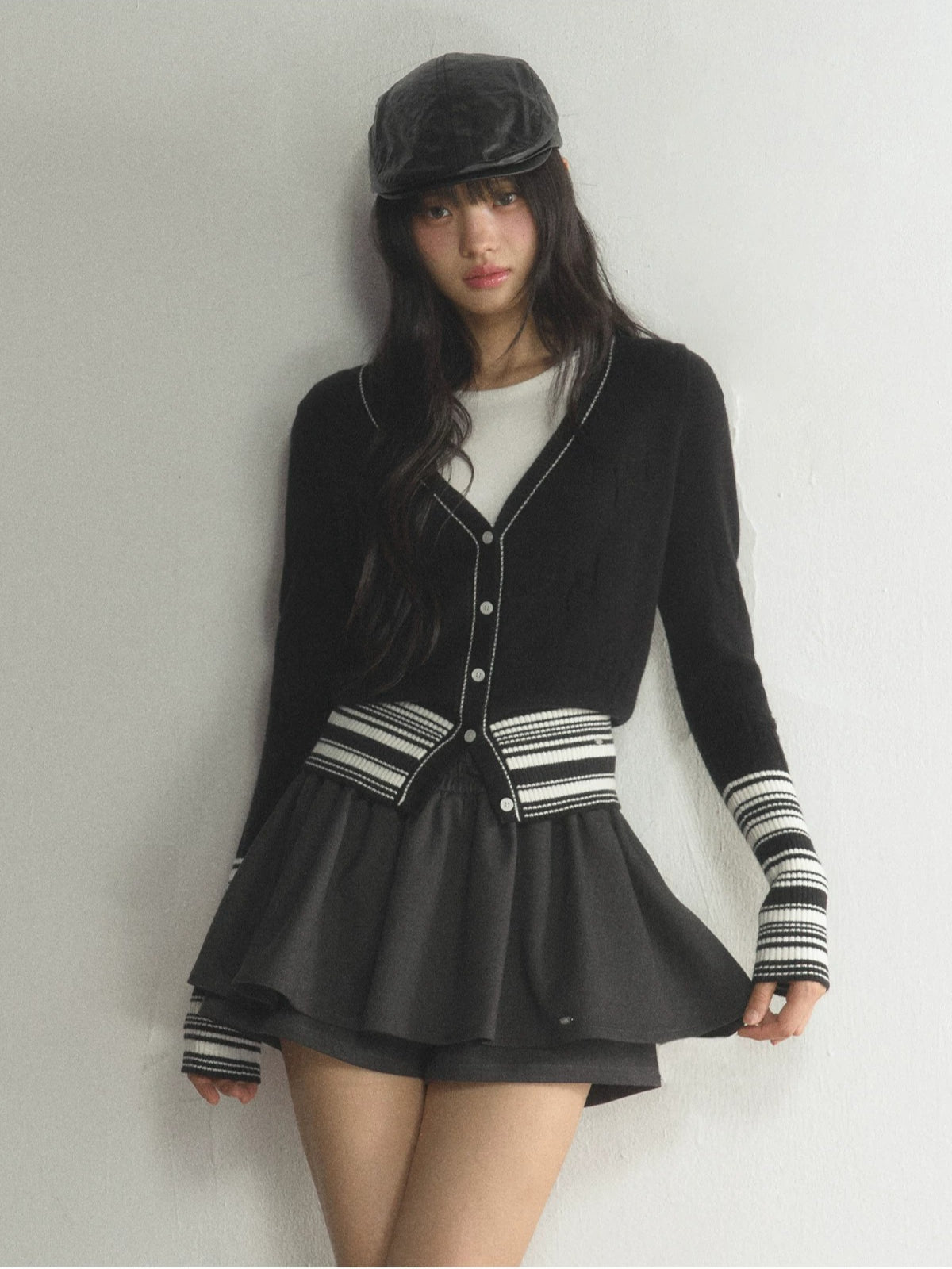Contrast Striped V-Neck Knit Cardigan