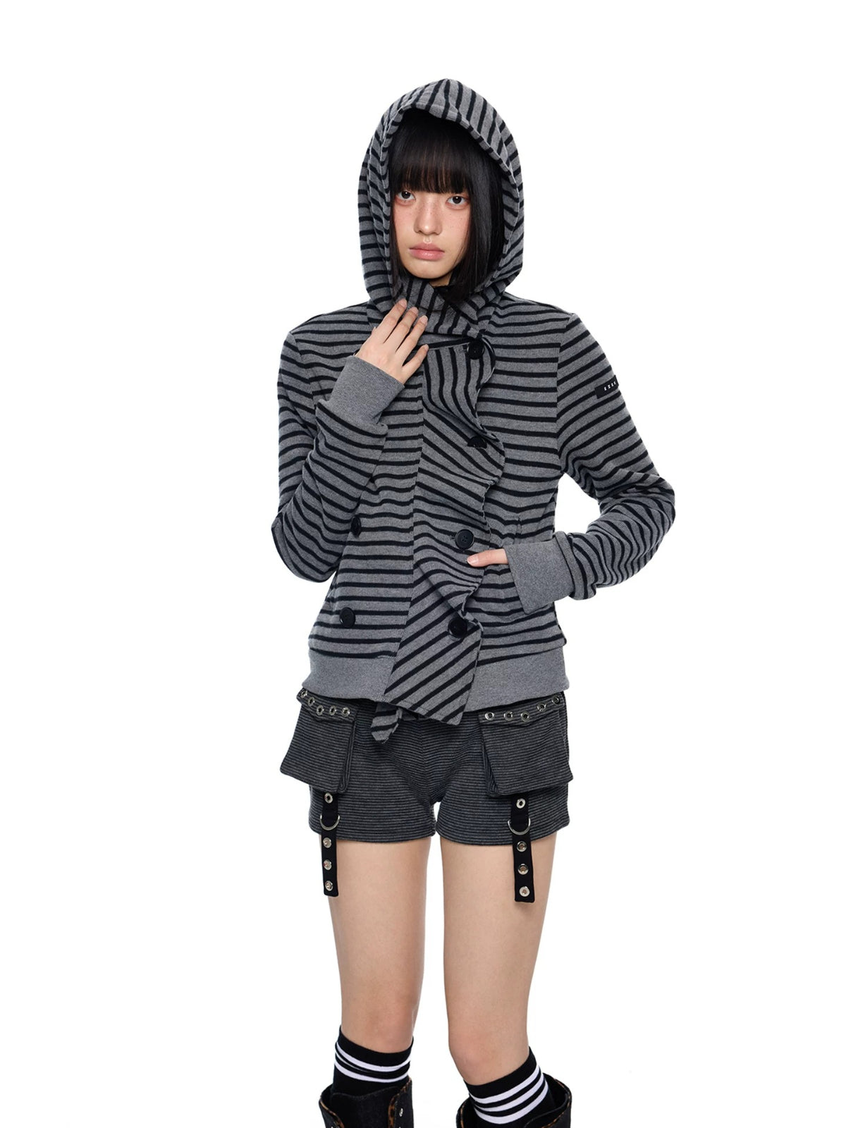 Striped Hooded Patchwork Cardigan
