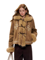 Embroidered Faux Fur Trim Jacket