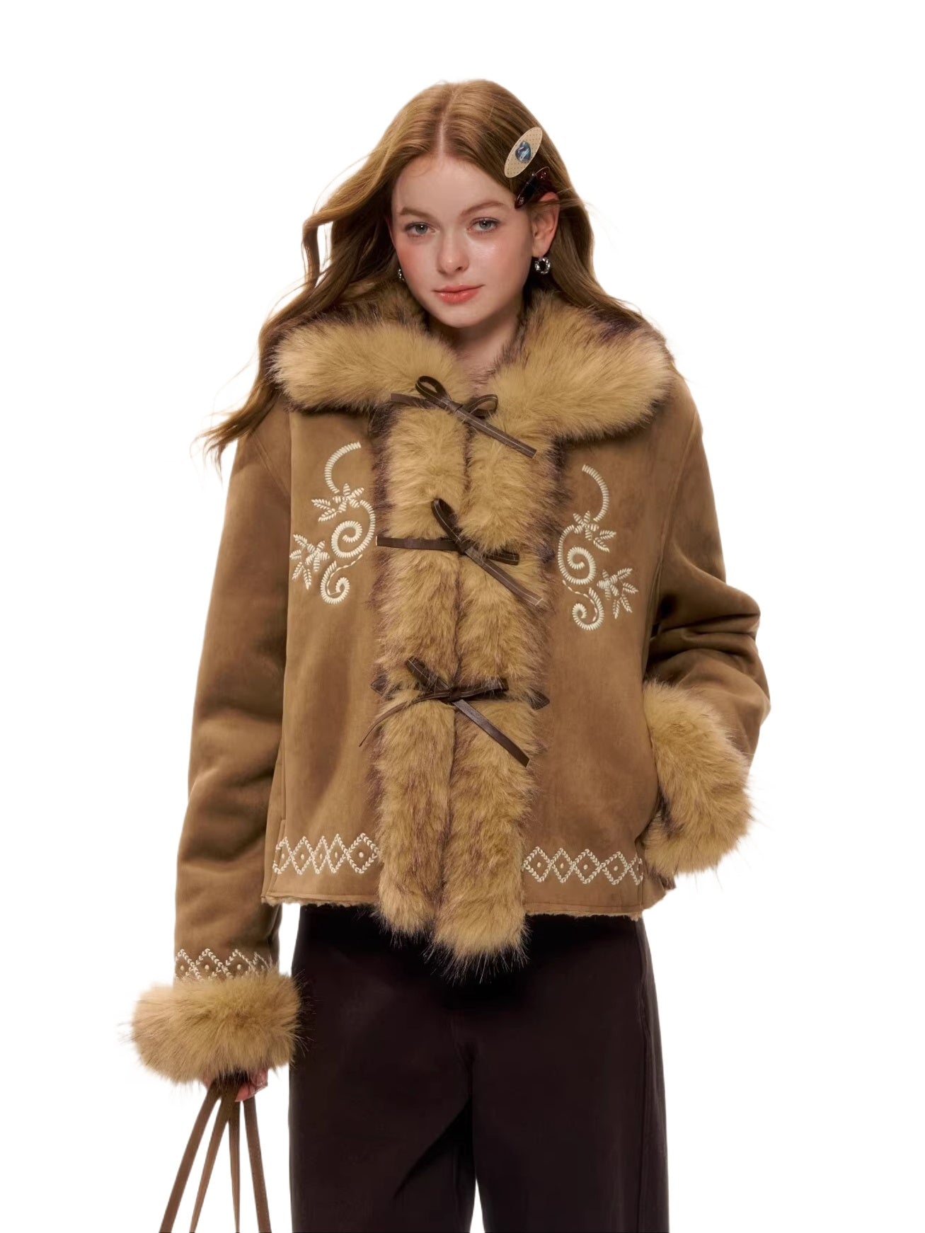 Embroidered Faux Fur Trim Jacket