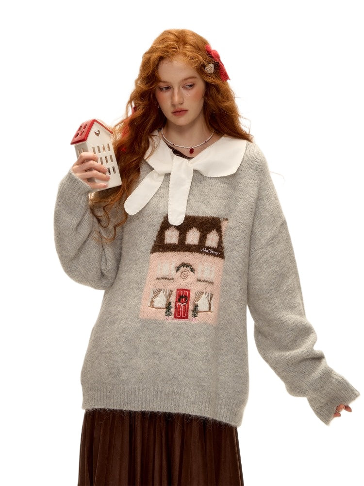 House Jacquard Embroidered Crewneck Sweater