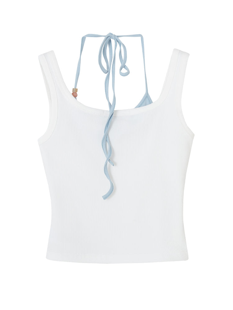 Patchwork Faux-two-piece Halter-neck Vest