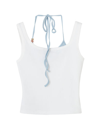 Patchwork Faux-two-piece Halter-neck Vest