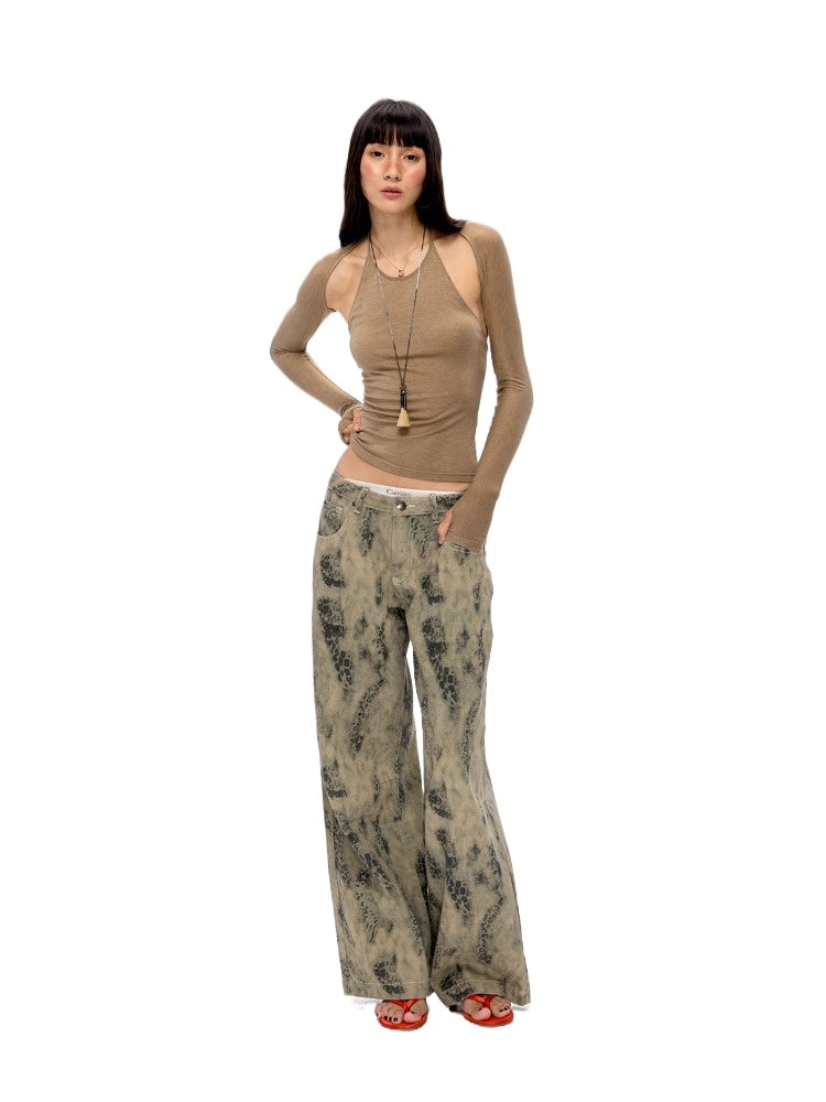 Leopard Print Straight Leg Grey Jeans