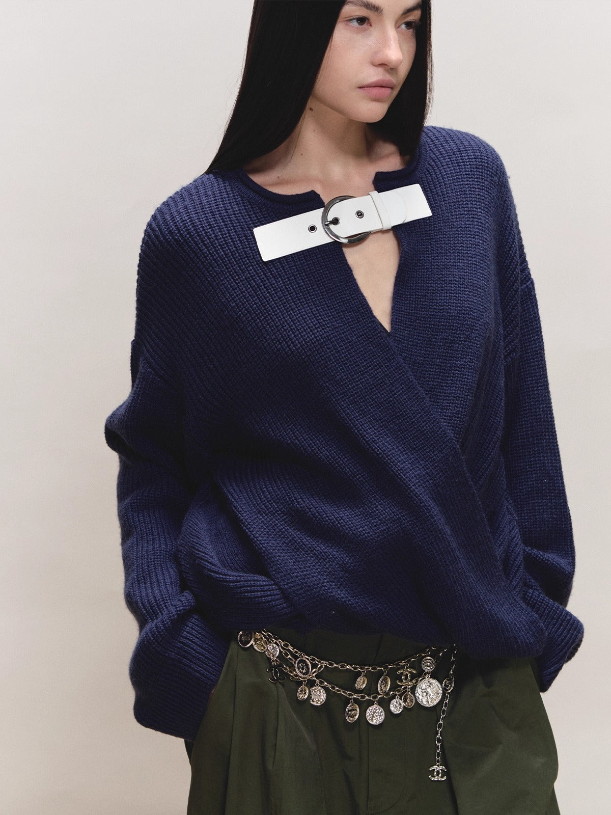 Wool V-Neck Buckle-Panel Sweater