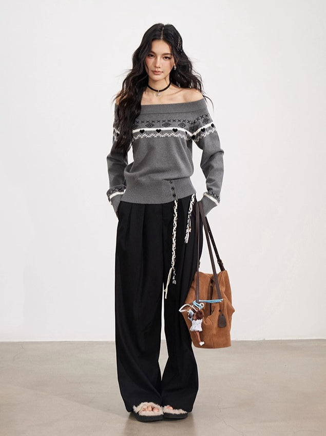 Black &amp; Brown Belted Wool Wide-Leg Pants