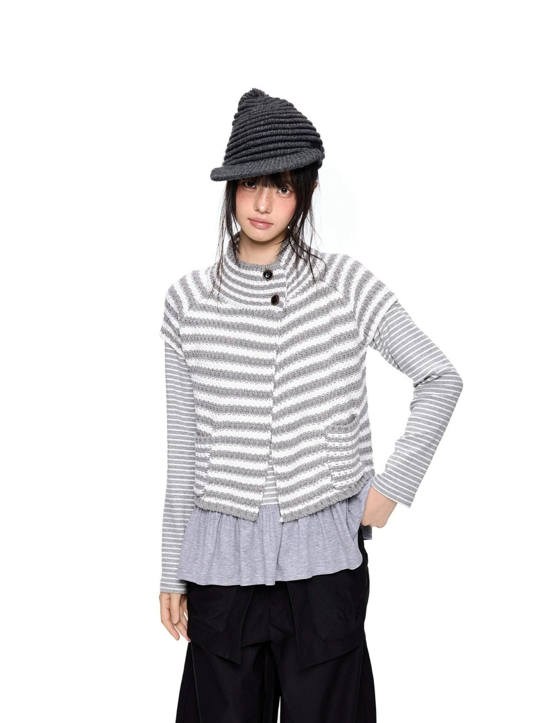 Striped Half Neck Button Knit Top