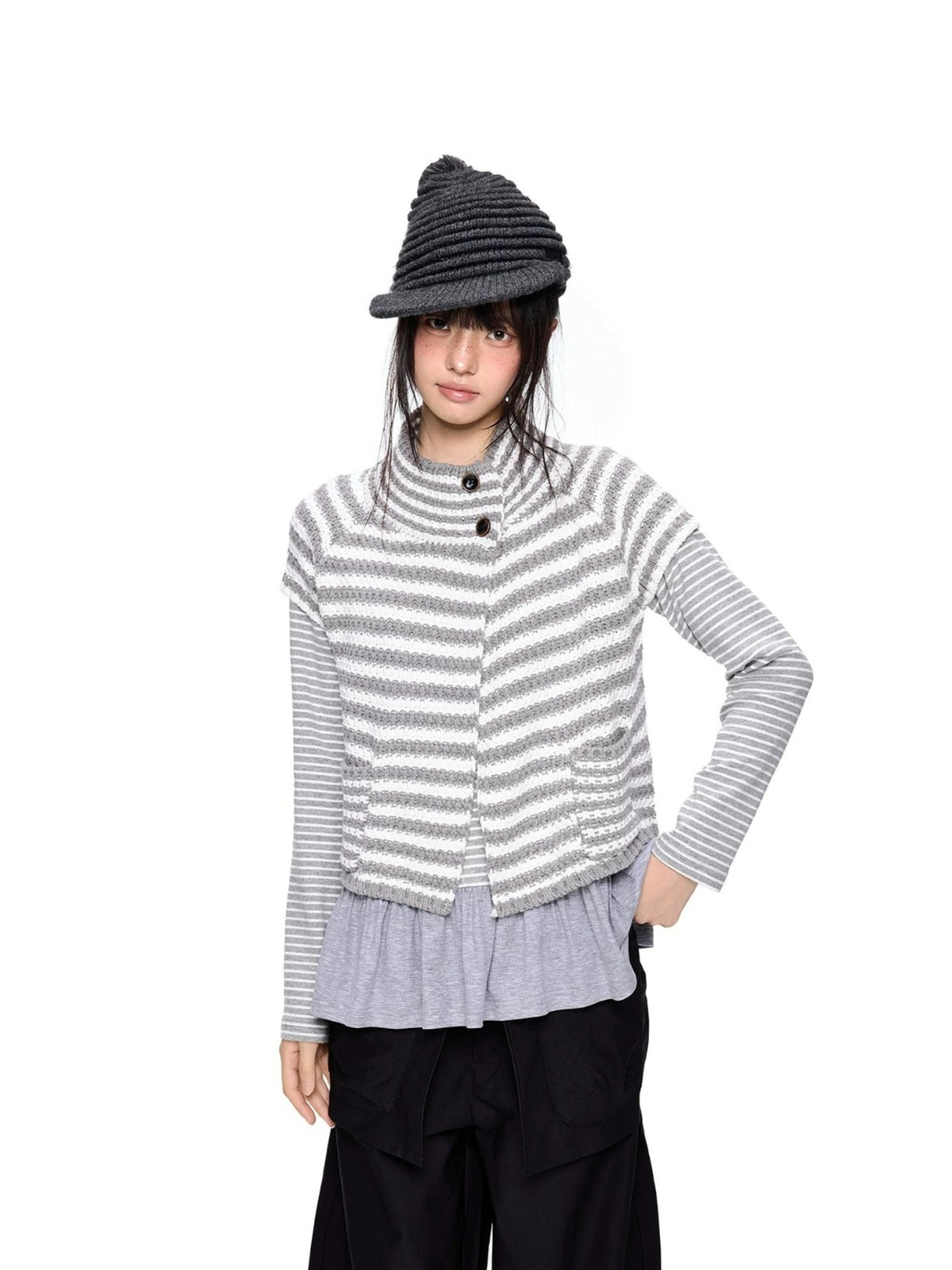 Striped Half Neck Button Knit Top