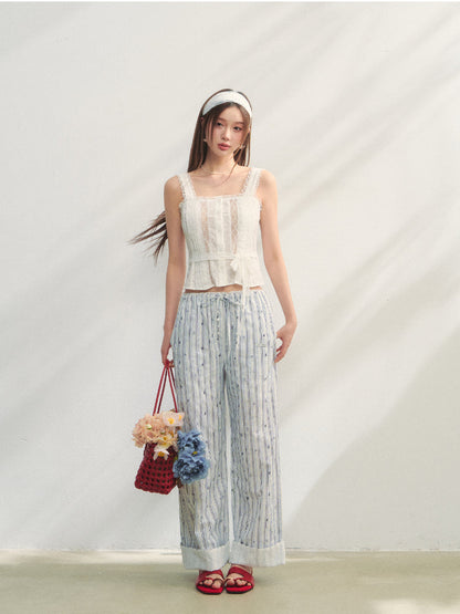 Striped Print Patchwork Embroidery Lace Straight Pants