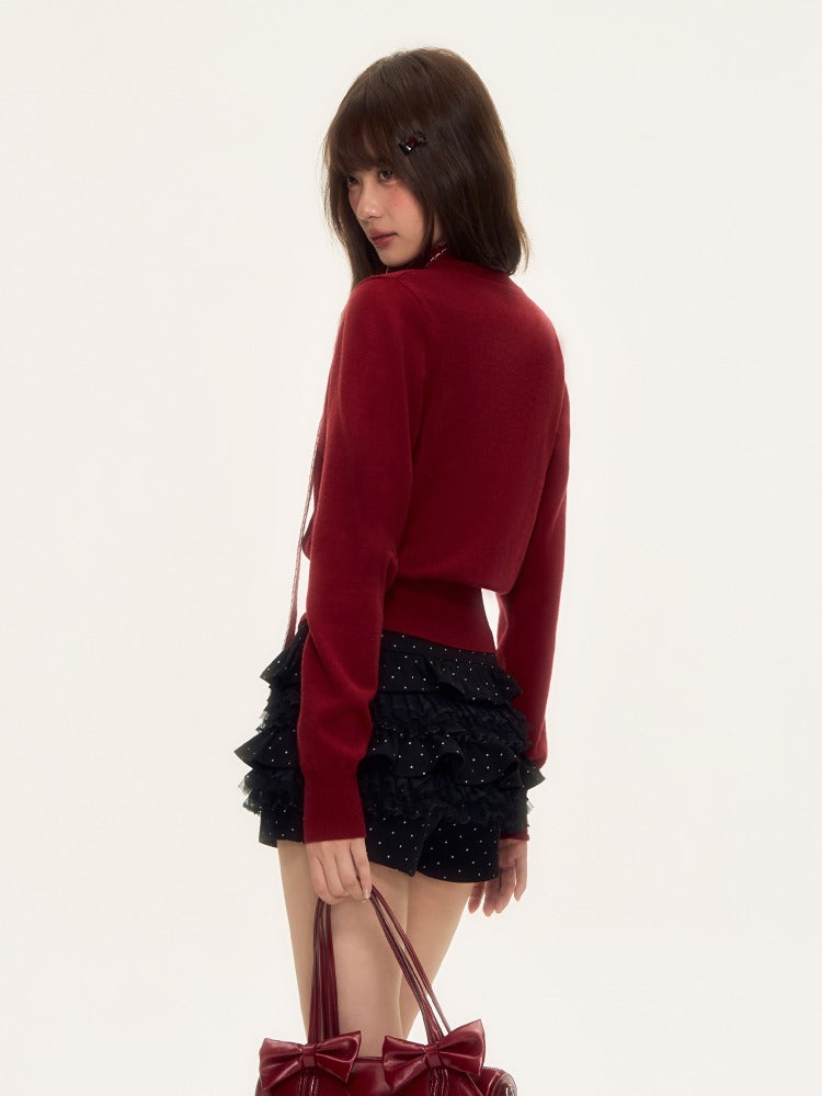 Vintage Red V-neck Knit Cardigan