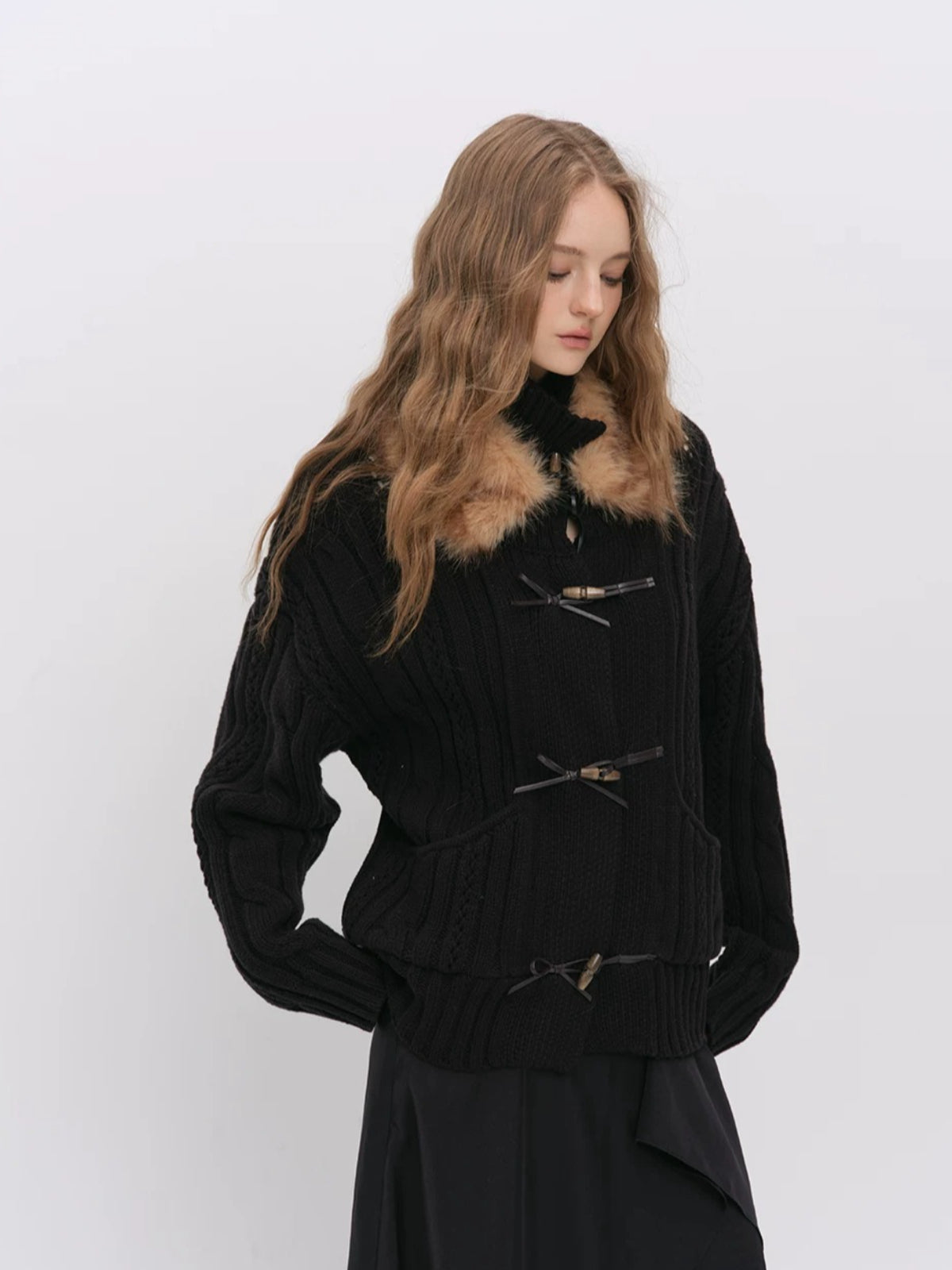 Chunky Cable Knit Bow Cardigan
