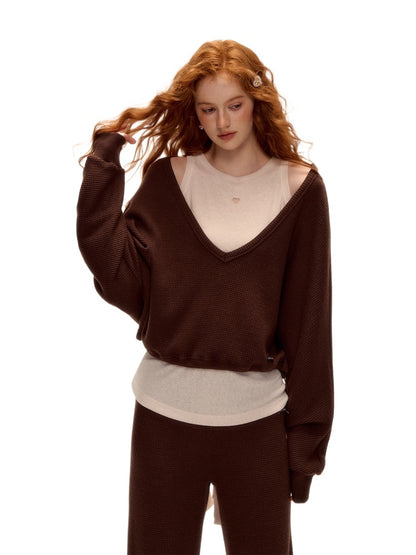 Waffle Knit V-Neck Pullover &amp; Tie Vest Set with Wide-Leg Pants