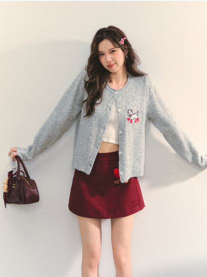 Crew Neck Dalmatian Jacquard Knit Cardigan