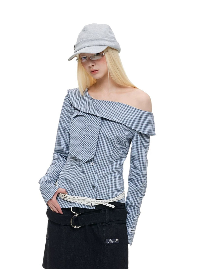 Asymmetric Plaid Off-Shoulder Shirt
