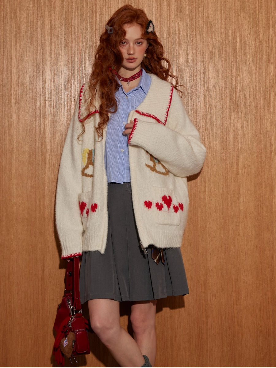 Contrast-Trim Horse Jacquard Knit Zip Cardigan